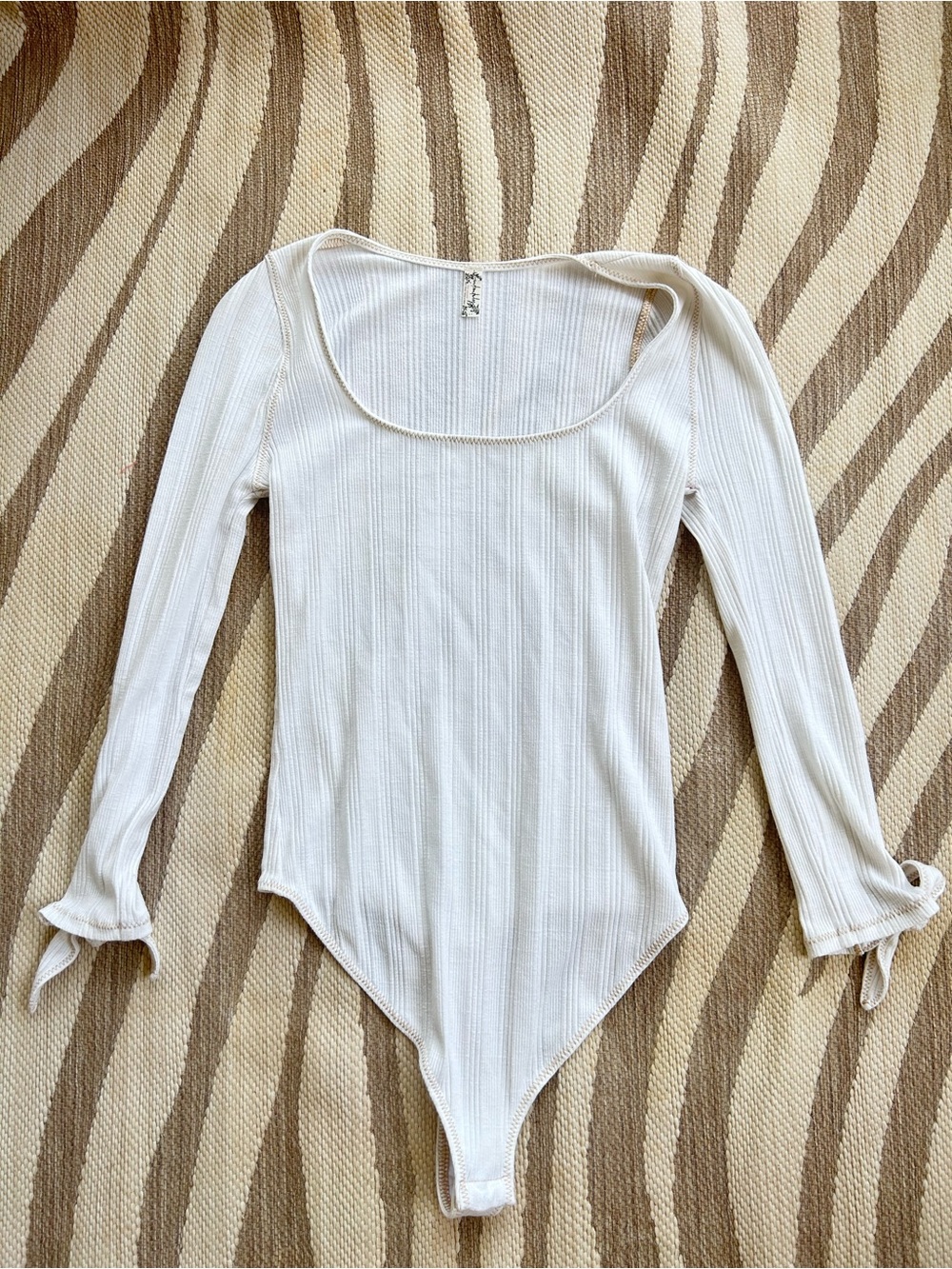 Intimately Free People White Ribbed Long-Sleeve Scoop Neck Bodysuit with ties